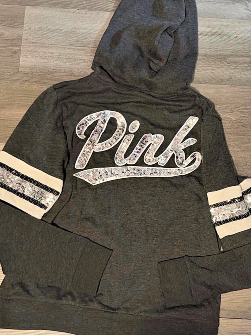 Victoria's Secret PINK Sequin Logo Zip Hoodie in charcoal color Size Large NWT